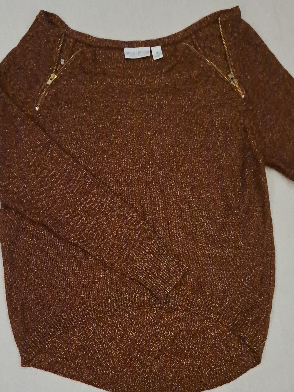 Bisou Bisou Metallic Copper Off-the-Shoulder Sweater with Gold Zips